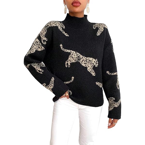 GORGLITTER Women's Mock Neck Leopard Pattern Sweater Long Sleeve